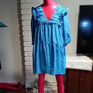 Soo Linen Blue Ruffled V-Neck Dress